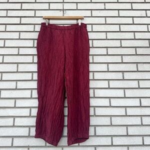 Grizas Wine Red Textured Crinkled Linen Silk Wide Trouser Pants Elastic Waist